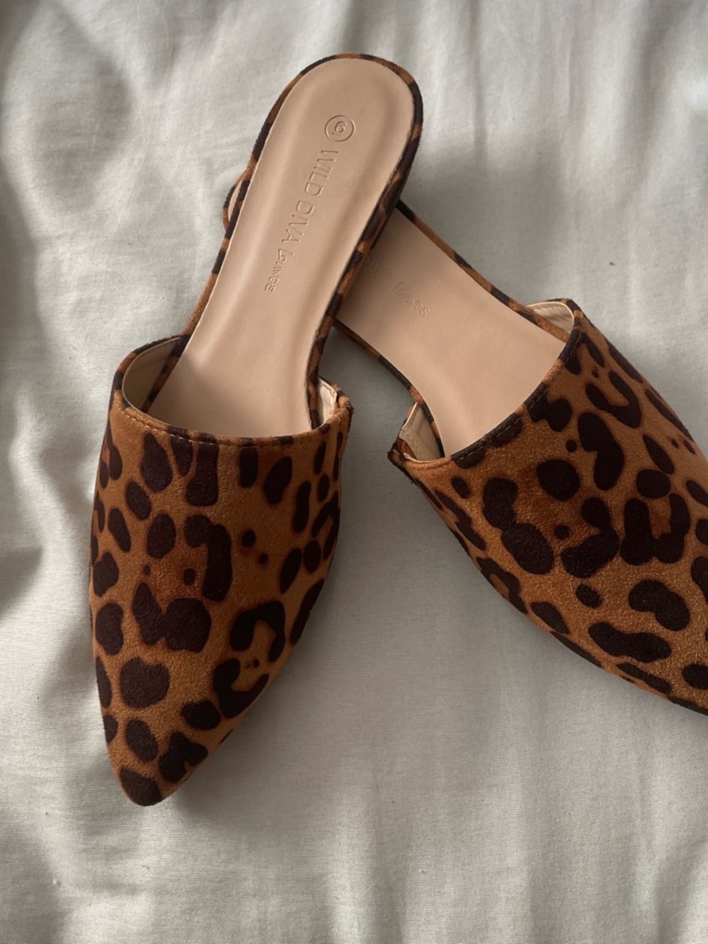 Wild Diva Leopard Print Pointed Slide Mules in Brown